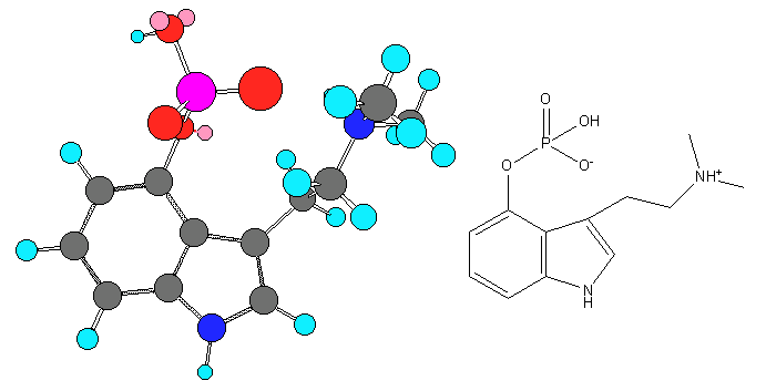 Psilocybin structure in 3D and skeletal views